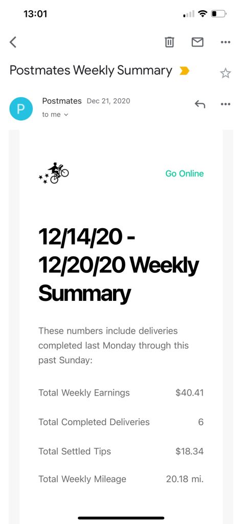 An example of a 2020 Postmates weekly summary statement.