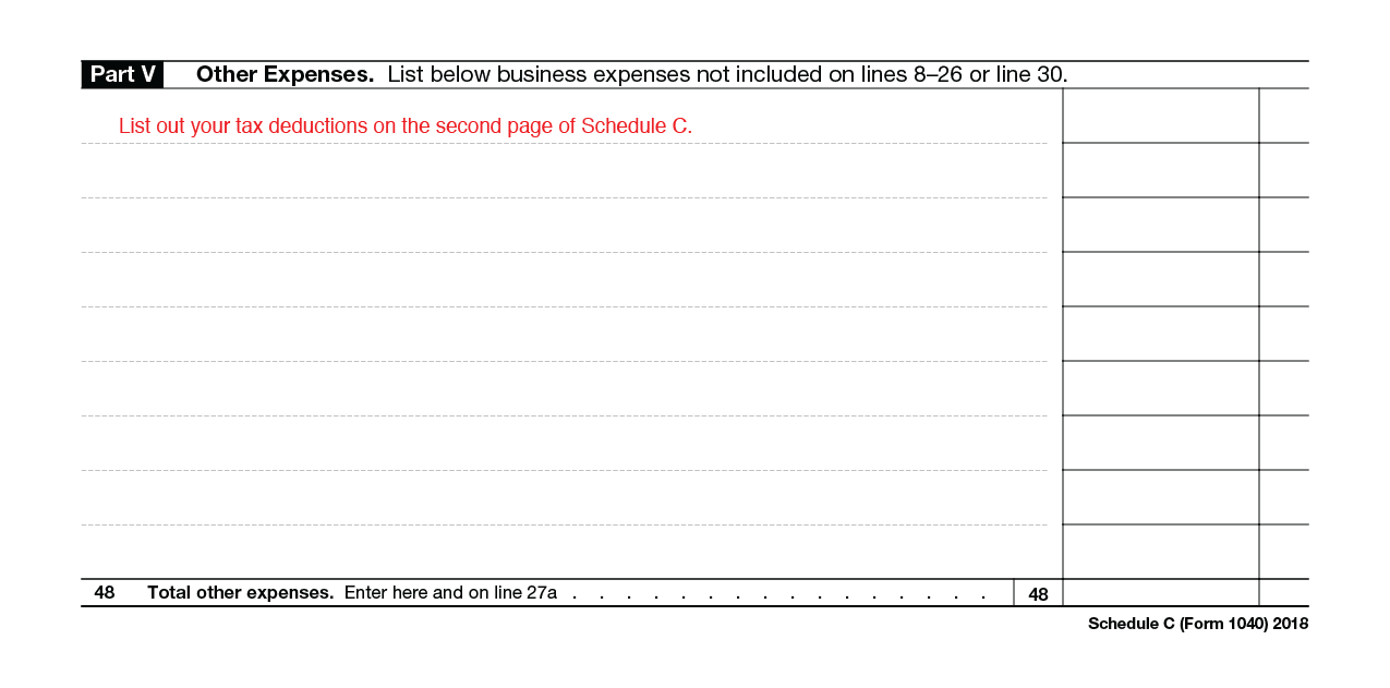 An example of Schedule C of Form 1040. Red text states, “List out your tax deductions on the second page of Schedule C”.”