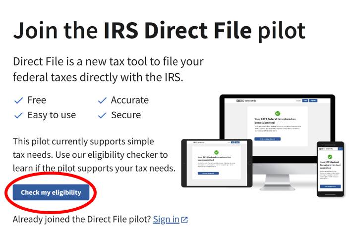 iew of the IRS Direct File homepage with a blue “Check my eligibility” button.