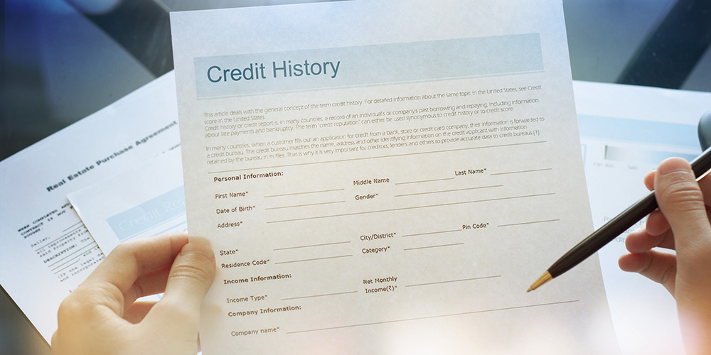 A person holding a pen to fill out a credit history form.